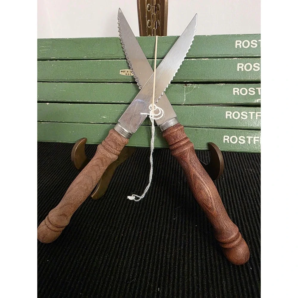 Set of 10 Vintage Rostfrei Steak‎ Knives Serrated Stainless Steel Wood Handles